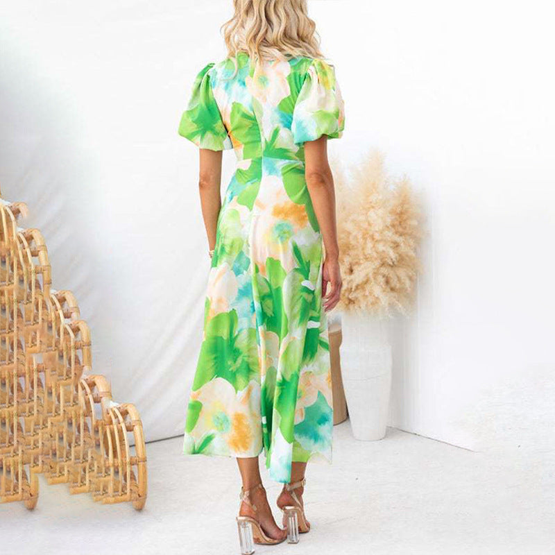 Summer Gradient Mid Waist Printed V-neck Dress