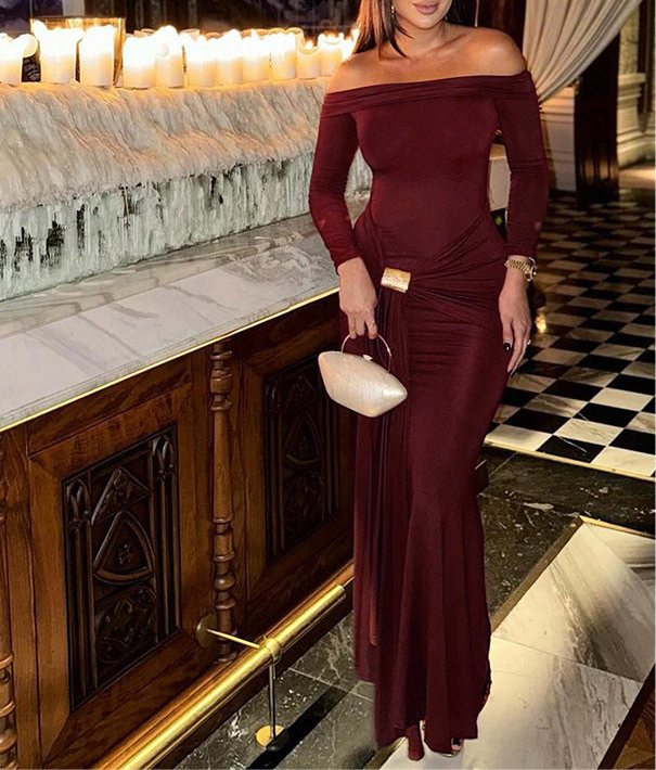 Wine Red Off-Shoulder Maxi Dress
