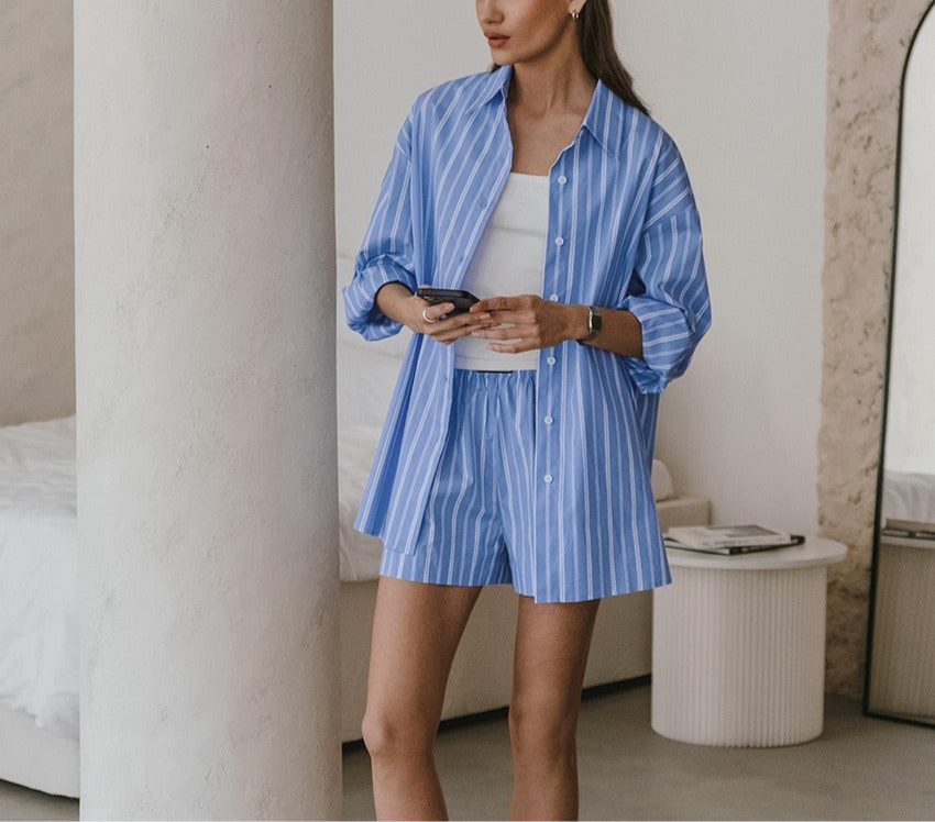 Blue And White Striped Casual Set