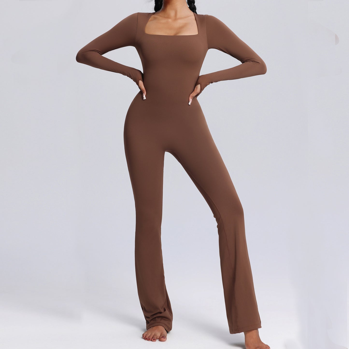 YUNA Yoga Jumpsuit | Square Neck Long-sleeved | Flared Pants Breathable Bodysuit