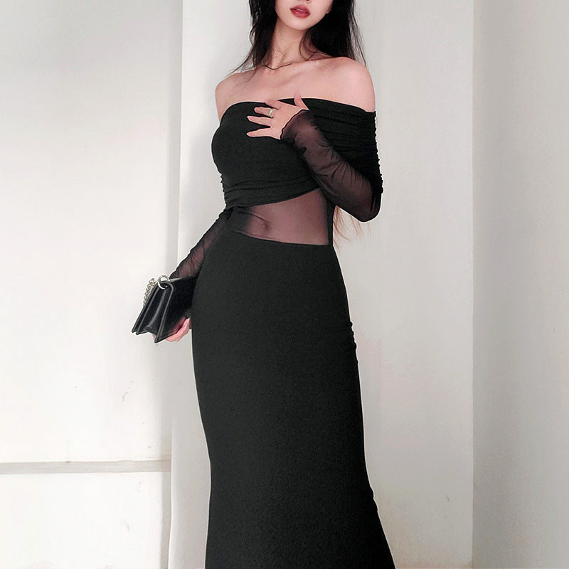 Midnight Aura Off-Shoulder Mesh Dress