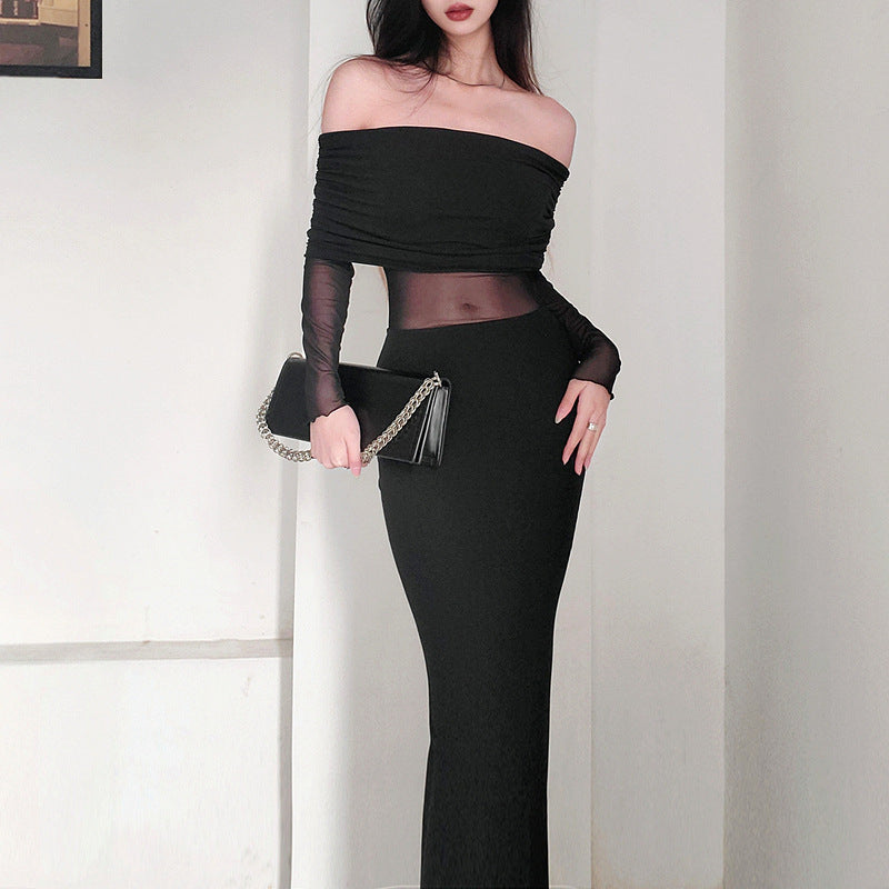 Midnight Aura Off-Shoulder Mesh Dress