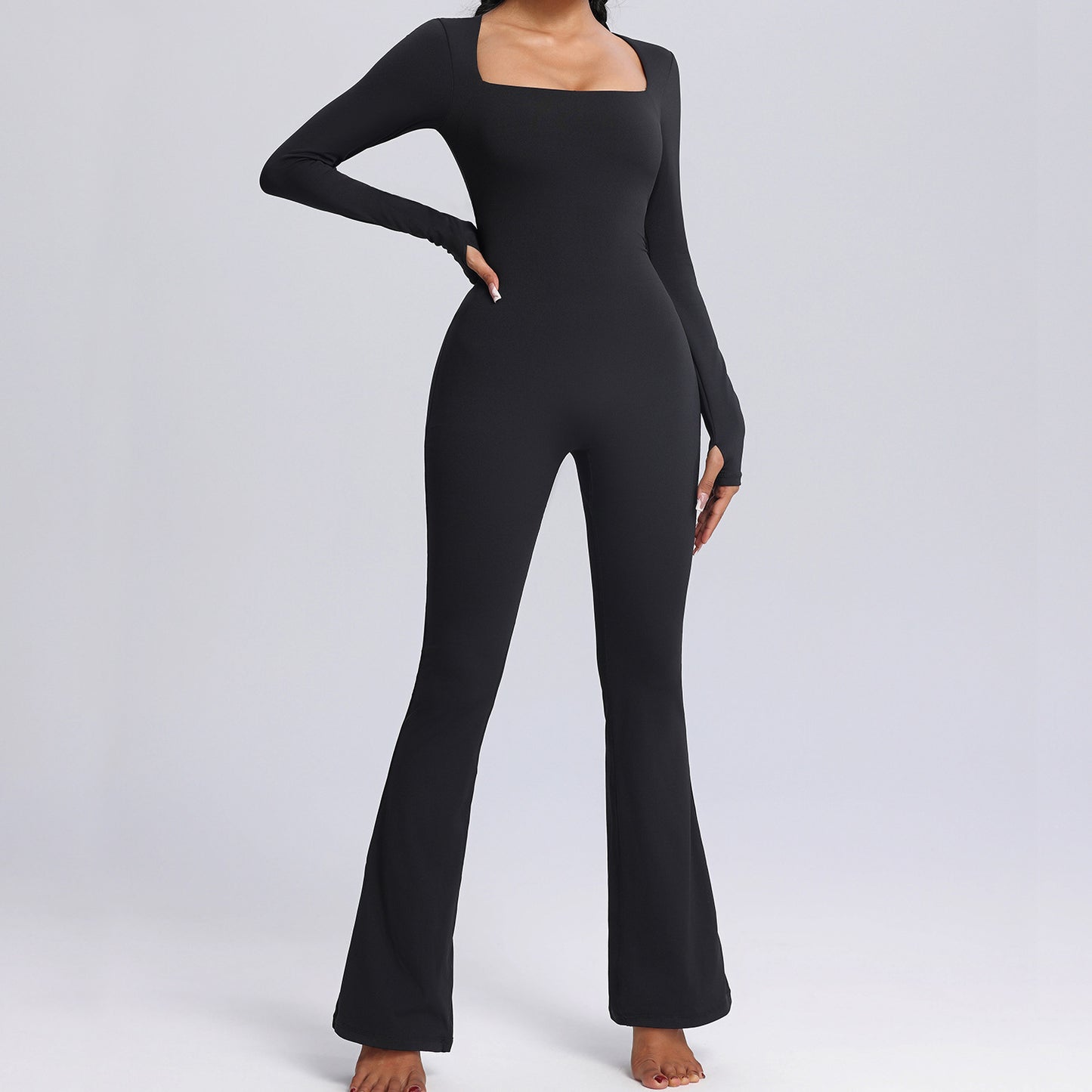 YUNA Yoga Jumpsuit | Square Neck Long-sleeved | Flared Pants Breathable Bodysuit