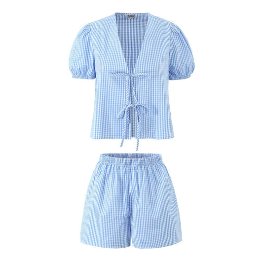 Blue Plaid Short-sleeved Shorts Suit