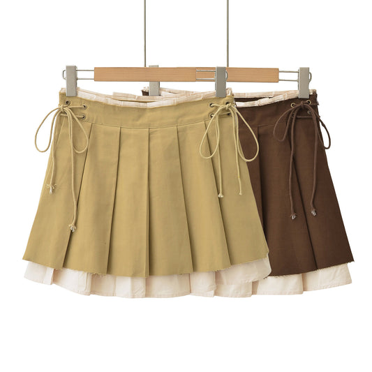 New Women's Pleated Skirt Side Drawstring Contrast Skirt