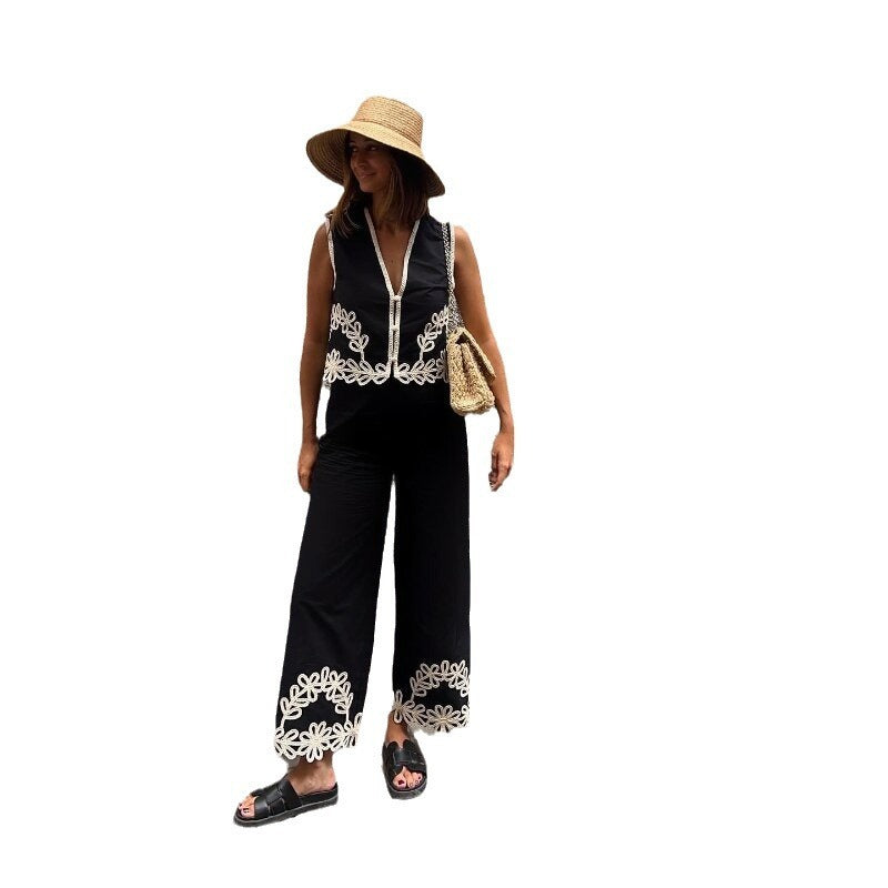 Women's Embroidery Short Vest Pants Suit