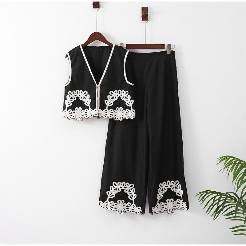 Women's Embroidery Short Vest Pants Suit