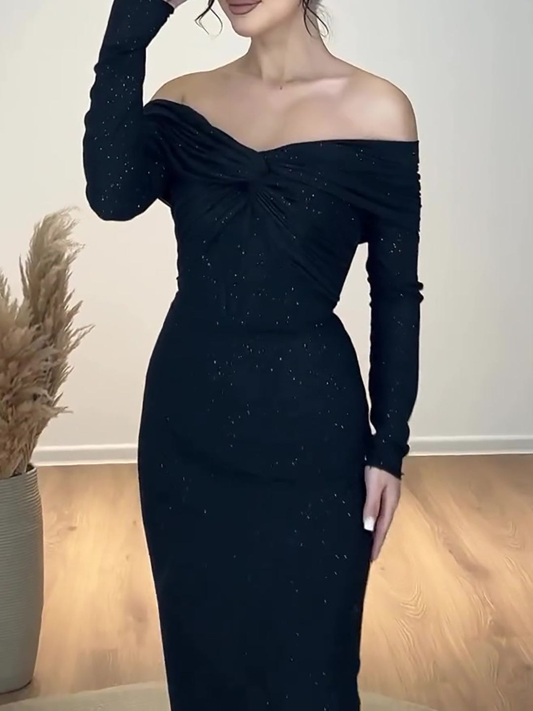 Off-shoulder Twist, Black Glitter Dress