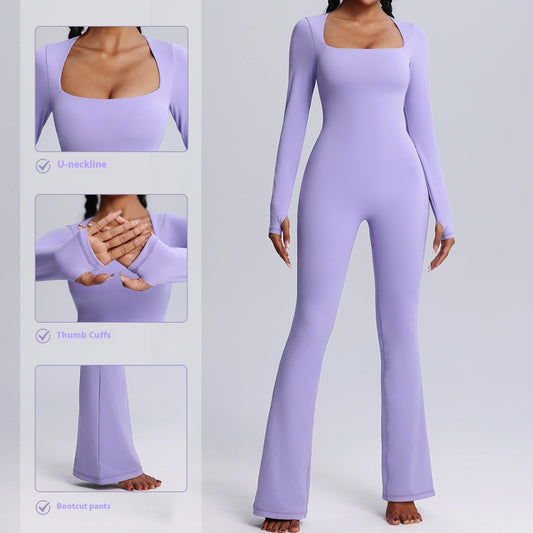 YUNA Yoga Jumpsuit | Square Neck Long-sleeved | Flared Pants Breathable Bodysuit