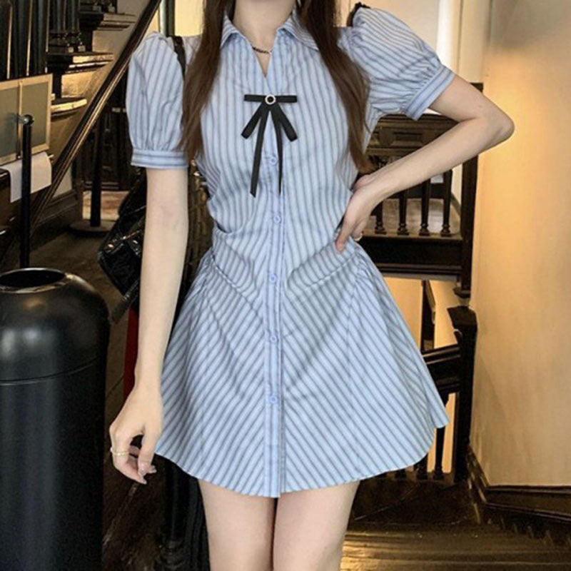 Blue Striped Dress with Bow & Half Pant – Casual Style