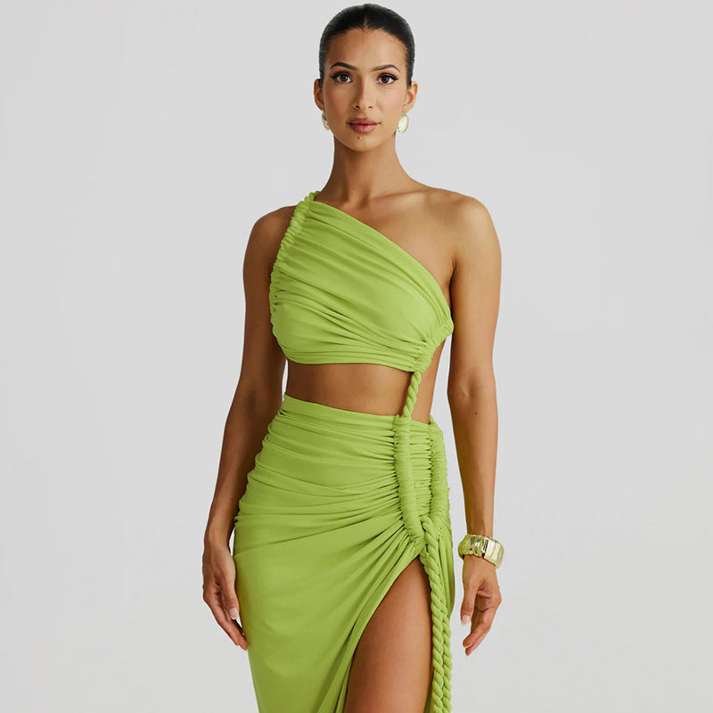 Maple | One-shoulder Ropey-Pleated Dress