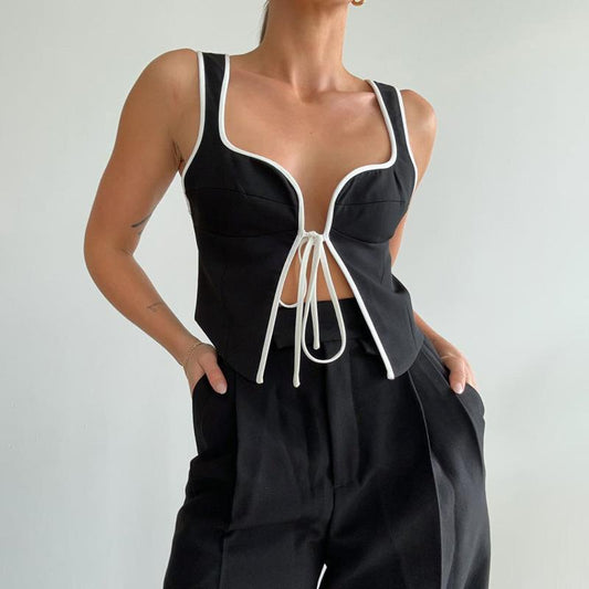 Pure Black Elegant Shoulder Strap Vest