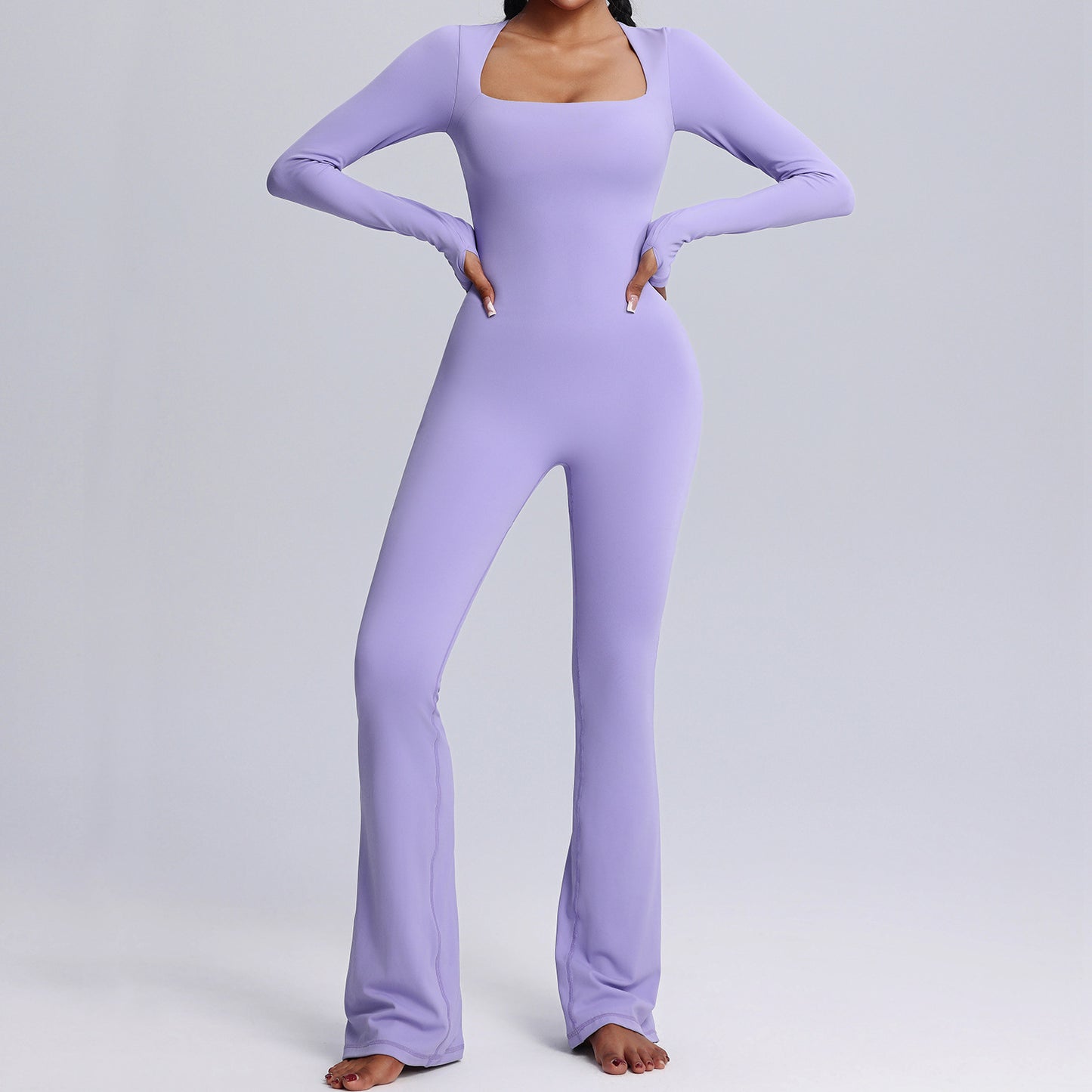 YUNA Yoga Jumpsuit | Square Neck Long-sleeved | Flared Pants Breathable Bodysuit