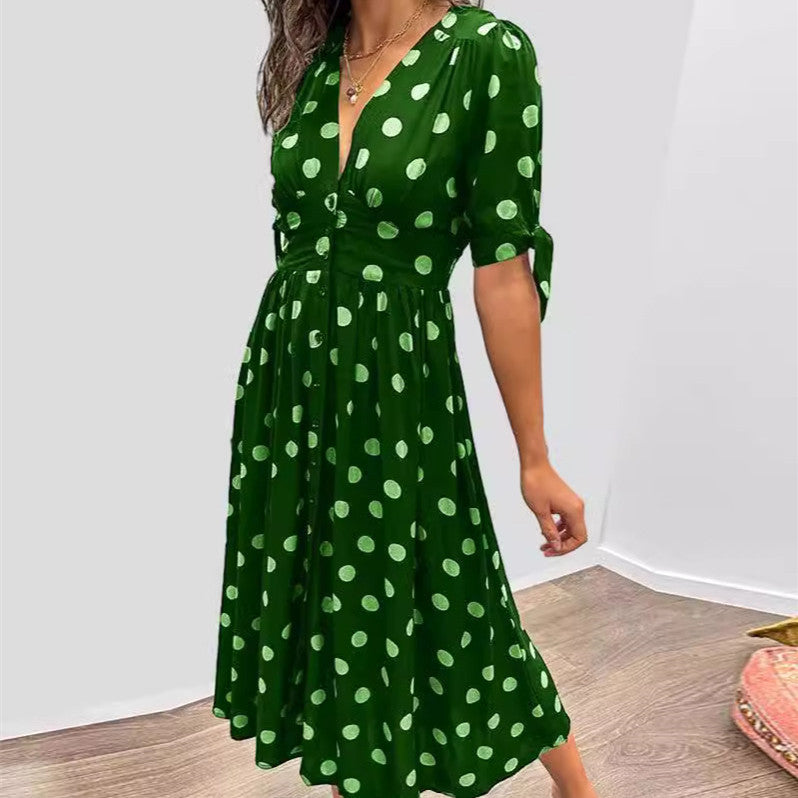 V neck | Polka-dot Dress