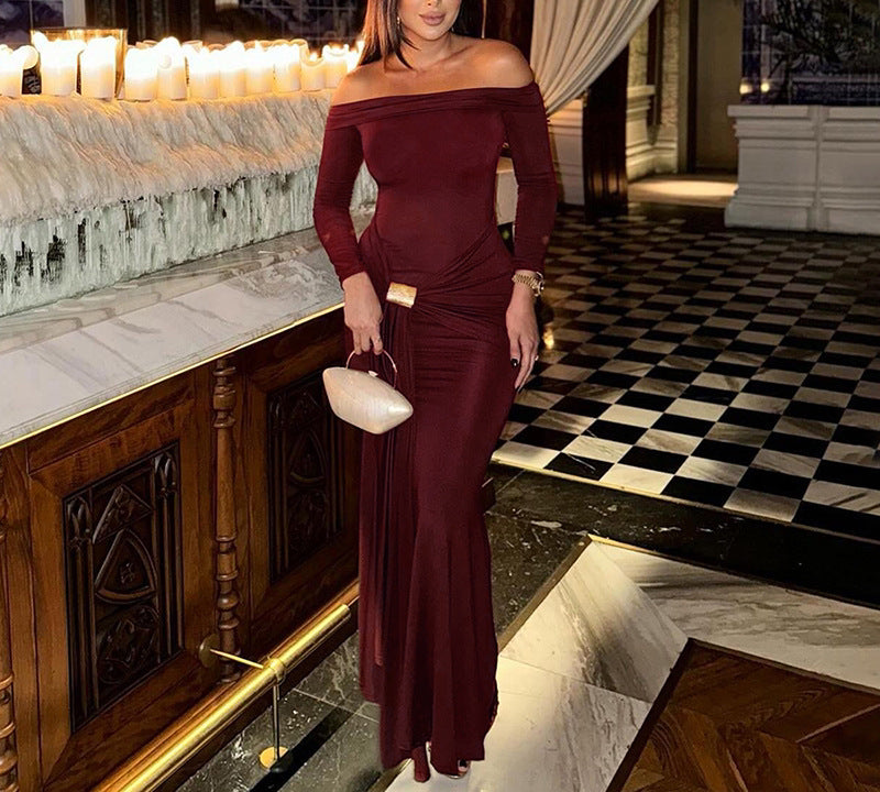 Wine Red Off-Shoulder Maxi Dress