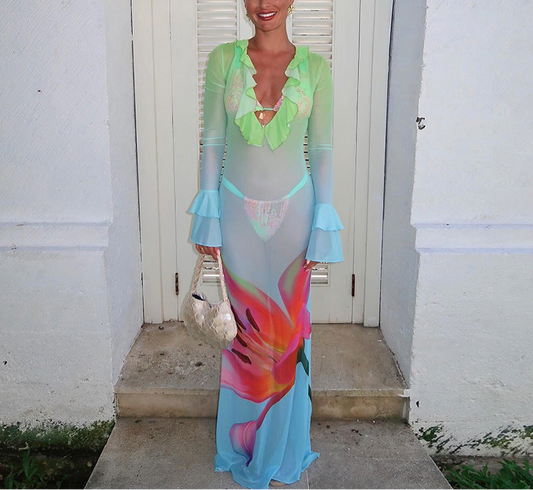Ocean Bloom | Sheer Floral Cover-Up Dress