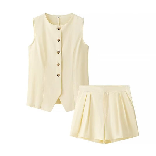 Crew Neck Sleeveless Waistcoat | High Waist Pleated Casual Shorts Suit