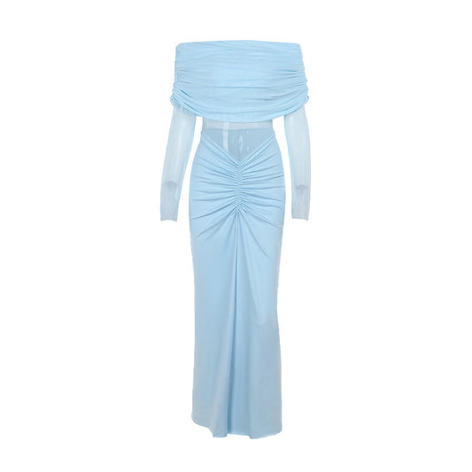 Off-shoulder Mesh Pleated Dress Women