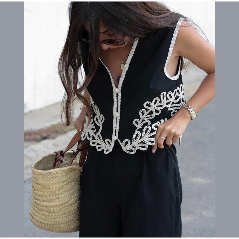 Women's Embroidery Short Vest Pants Suit