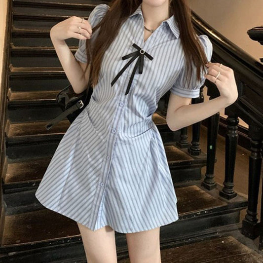 Blue Striped Dress with Bow & Half Pant – Casual Style