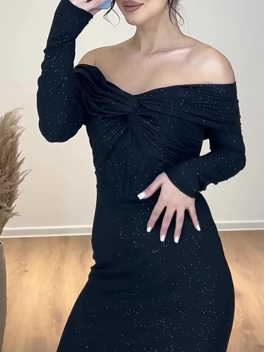 Off-shoulder Twist, Black Glitter Dress