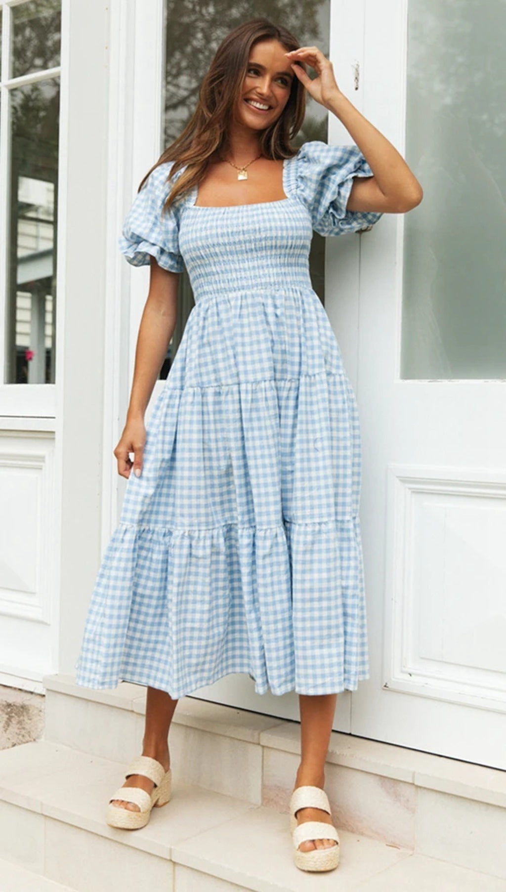 Plaid Dress Square Collar Puff Sleeve