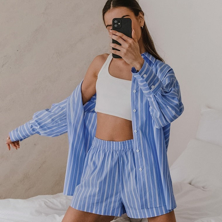 Blue And White Striped Casual Set