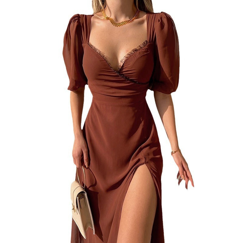 Female Slit Fashionable French Low Cut Dress