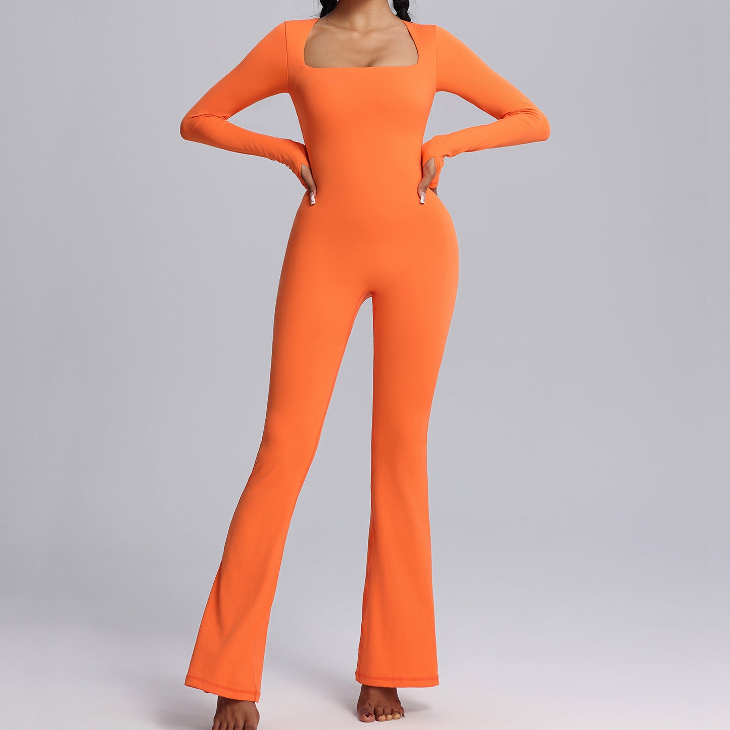 YUNA Yoga Jumpsuit | Square Neck Long-sleeved | Flared Pants Breathable Bodysuit