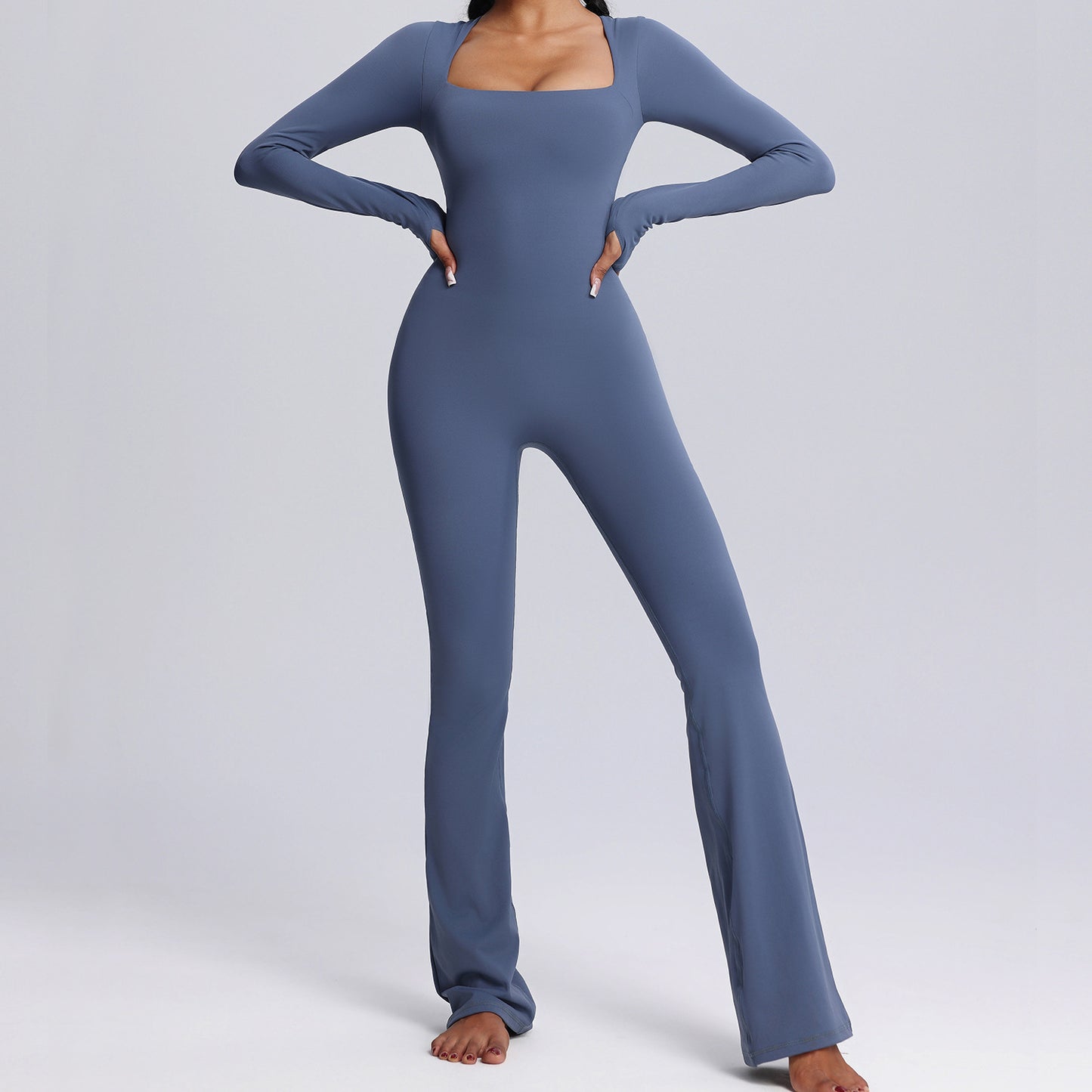 YUNA Yoga Jumpsuit | Square Neck Long-sleeved | Flared Pants Breathable Bodysuit