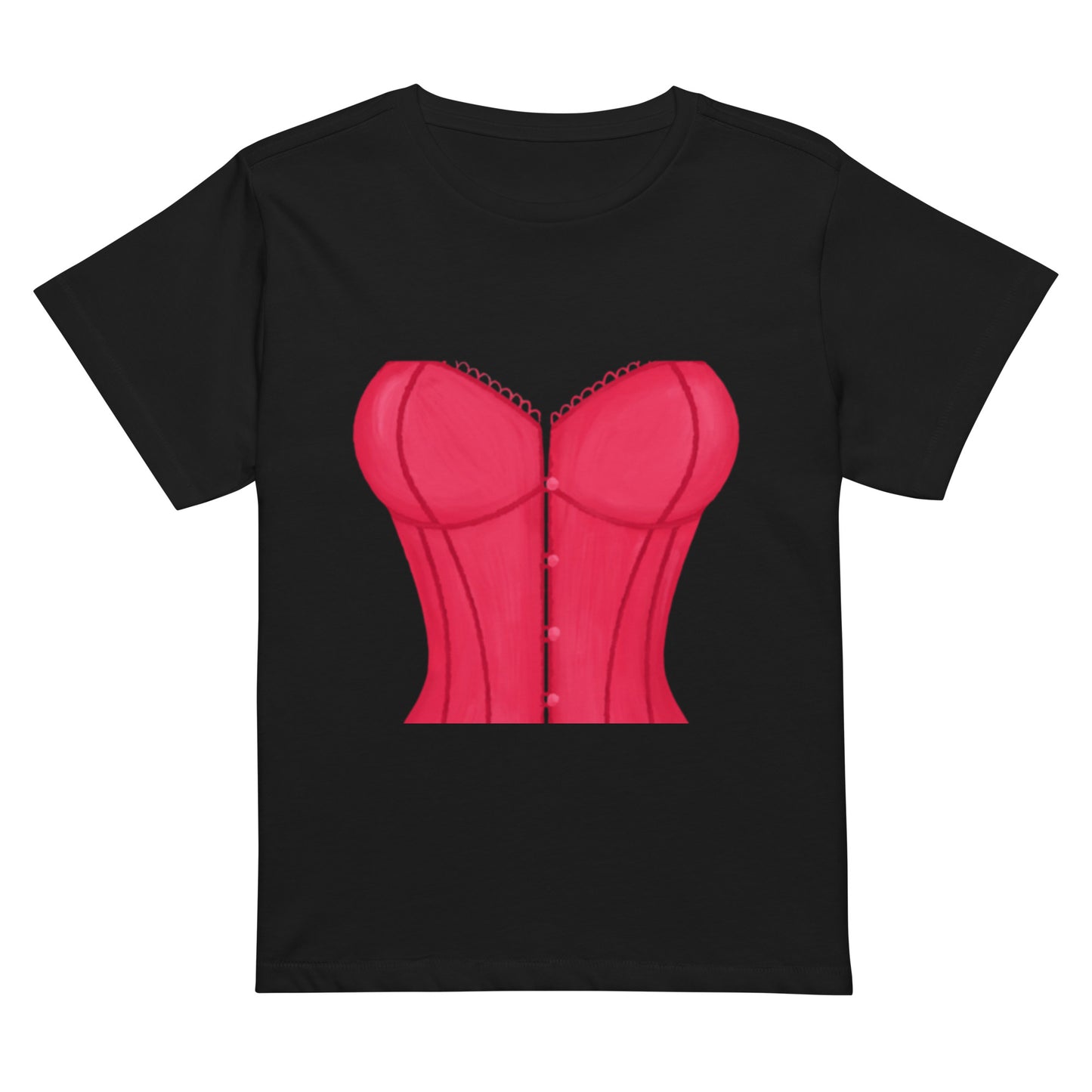 Women’s high-waisted t-shirt with pink corset print