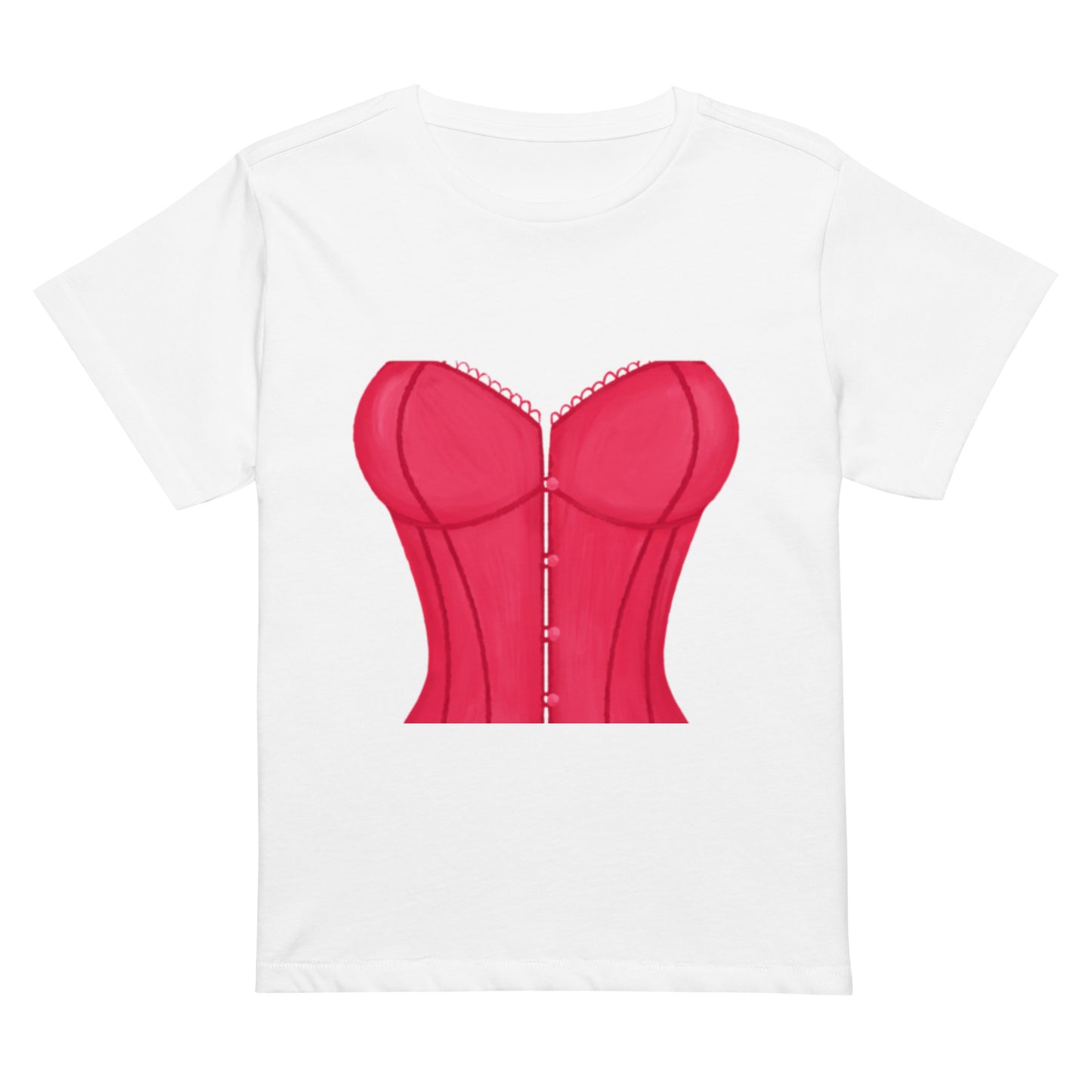 Women’s high-waisted t-shirt with pink corset print