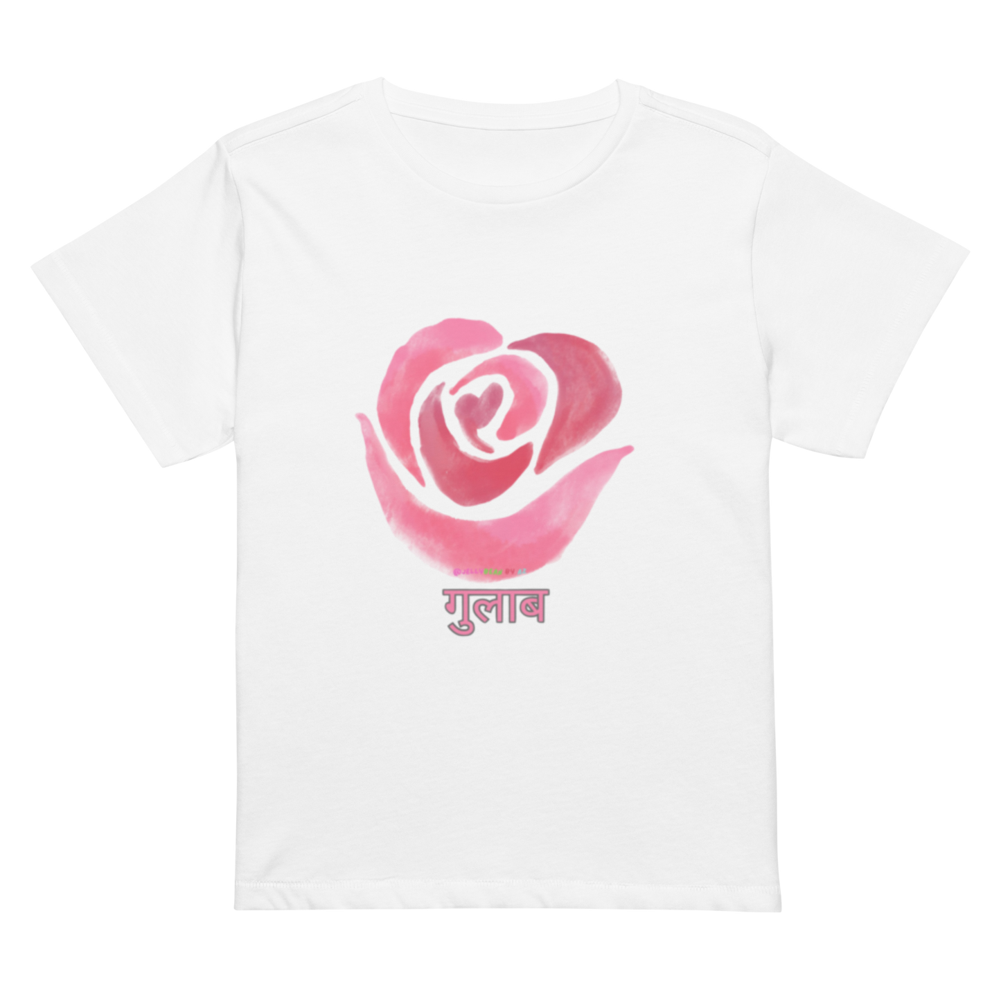 Women’s high-waisted Cotton t-shirt: Nepali script “Gulab”/ Rose